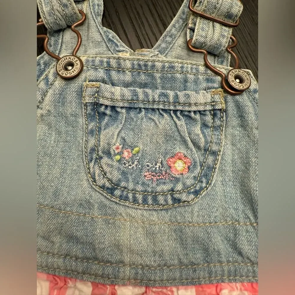 Vintage OshKosh B'gosh VestBak Denim Gingham Pink Bubble Dress Girls 6 Months